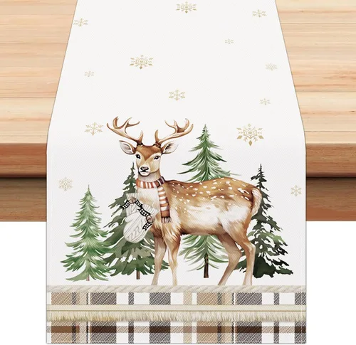 Vista 7 de Bonhause Camino de mesa de reno de Navidad de 13 x 72 pulgadas, trineo de Papá Noel, rojo, dorado, temporada de invierno, vacaciones, cocina