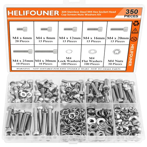 Vista 22 de HELIFOUNER - Juego de 540 piezas M3 x 6mm / 8mm / 12mm / 16mm / 20mm / 25mm / 30mm, tornillos de cabeza de botón, tuercas y arandelas, acero