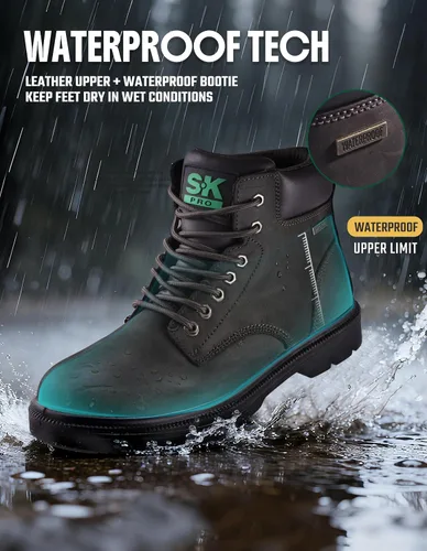 Vista 3 de SKPRO Botas de trabajo con punta de acero para hombres, zapatos de seguridad antideslizantes impermeables para la construcción, botas de trabajo