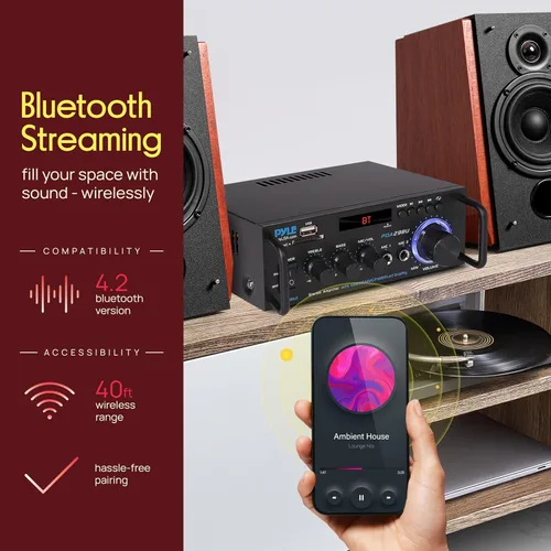 Vista 3 de Pyle Amplificador de potencia estéreo Bluetooth inalámbrico de 200 W, receptor de audio de doble canal con RCA, USB, SD, entrada de micrófono, radio