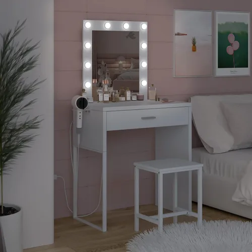 Vista 7 de Titoni Pequeño tocador de maquillaje con espejo y luces, escritorio blanco con silla, brillo ajustable, juego de mesa de maquillaje para dormitorio