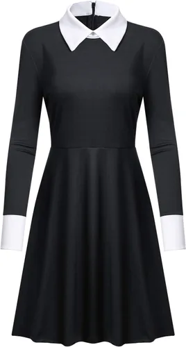 Vista 5 de GIKING Disfraz de Halloween Addams, disfraz familiar para mujer, vestido de miércoles para adultos, vestido vintage de piso de morticia