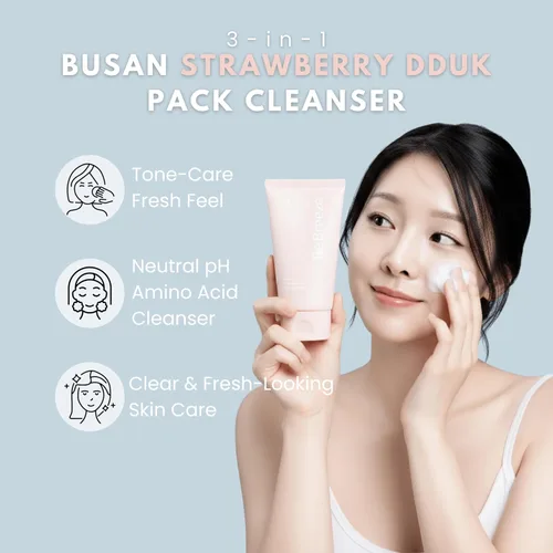 Vista 2 de Busan Strawberry Dduk Pack Cleanser – Paquete coreano 3 en 1 y lavado de espuma con polvo de arroz y fresa – Lavado hidratante de pH neutro