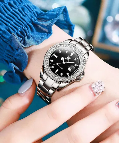 Vista 3 de OLEVS Reloj de pulsera para mujer, elegante, con diamantes, analógico, de cuarzo, de dos tonos, de acero inoxidable, impermeable, luminoso, regalo