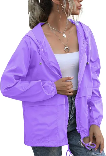 Vista 27 de PESION Chaqueta impermeable ligera para mujer, rompevientos con capucha y bolsillo para exteriores Verde militar