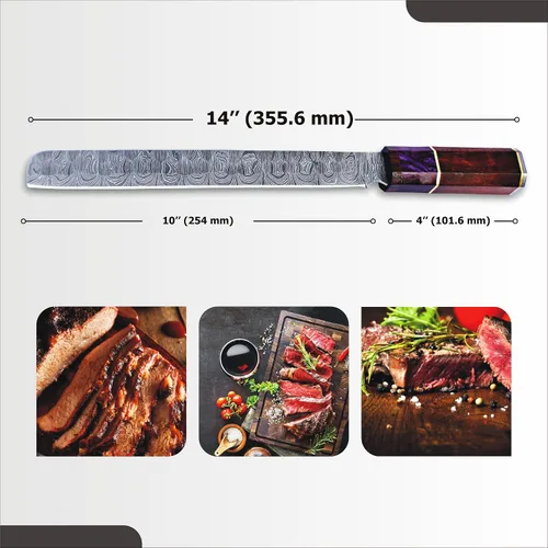 Vista 4 de Cuchillo de chef de Damasco hecho a mano de 14 pulgadas, cuchillo de pechuga y tallado con hoja de espiga completa y mango de madera, cuchillo