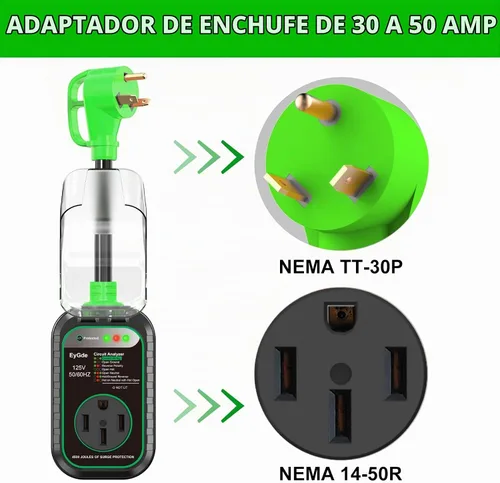 Vista 2 de EyGde Adaptador RV de 30 amperios a 50 amperios con protector de sobretensiones, NEMA TT-30P macho a enchufe hembra 14-50R, analizador de circuitos
