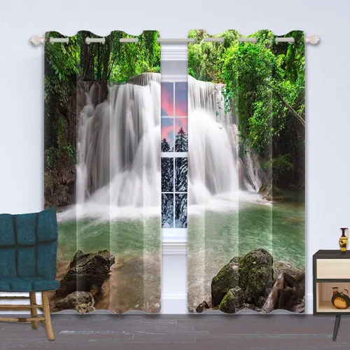 Vista 17 de Renaiss Cortinas opacas con cascada, diseño de bosque profundo, con aislamiento térmico, para dormitorio, árboles, estanques, piedras, para sala