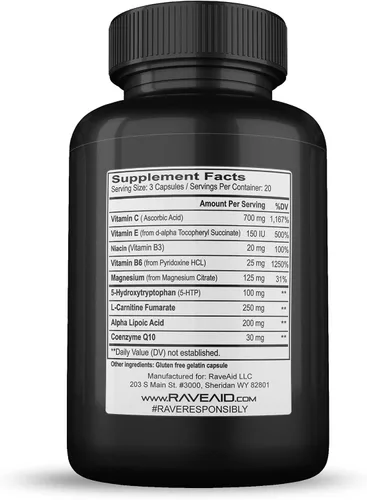 Vista 3 de RaveAid Confianza desde 2011 – Previene los comedowns, reduce el apriete de la mandíbula, protección contra la neurotoxicidad Cura y suplemento