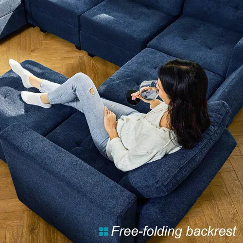 Vista 6 de Belffin Sofá modular modular con otomana de almacenamiento, sofá moderno en forma de L de tela con diván para espacios pequeños, azul