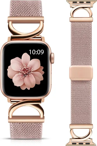 Vista 17 de Minyee Correa magnética elástica compatible con Apple Watch Band de 38/40/41/42/44/45/46/1.929 in para mujer, correa de metal en forma de C