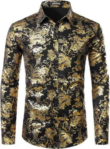 Vista 9 de ZEROYAA Men's Luxury Paisley Floral Printed Button Down Shirt Zhcl36-negro oro