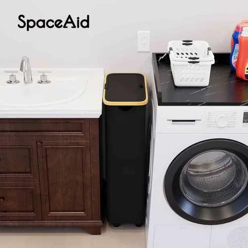 Vista 3 de SpaceAid Cesta de lavandería delgada con ruedas y tapa, cesta de ropa estrecha rodante de 62 litros con mango de bambú, canasta grande para ropa
