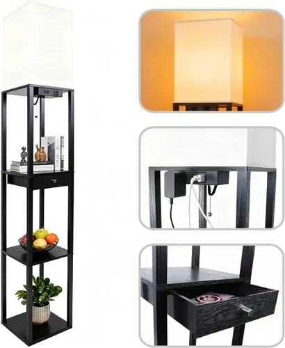 Vista 18 de Lámpara de pie con estantes, moderna lámpara de estante cuadrada con pantalla blanca, lámpara de pie de esquina para sala de estar, dormitorio