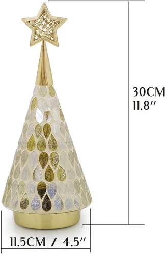 Vista 7 de Árbol de Navidad de vidrio con mosaico dorado con estrella, 2 piezas de árboles de Navidad pequeños de mesa con luz, árbol de Navidad a