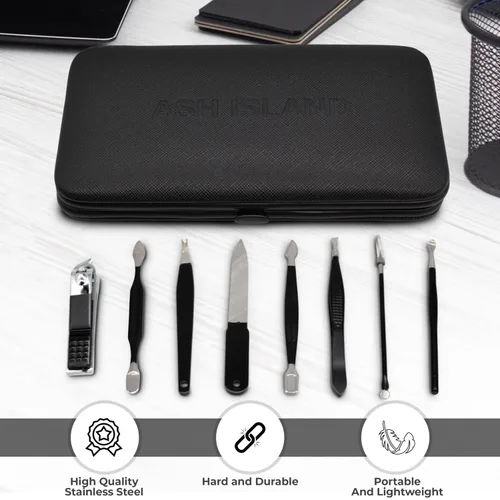 Vista 2 de ASH ISLAND Juego de cortaúñas, color negro inoxidable 12 en 1 para hombres y mujeres, kit de viaje de manicura, pedicura, lima de uñas de lujo