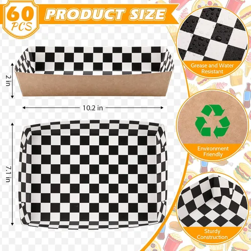 Vista 2 de Norme 60 bandejas desechables de papel a cuadros blancos y negros de 5 libras, papel kraft resistente, botes para servir alimentos, 10.2 x 7.1 x 2
