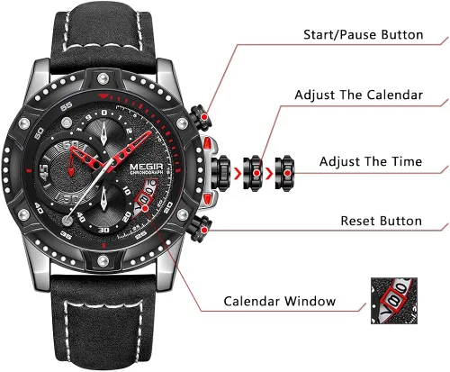 Vista 6 de MEGIR Reloj analógico de cuarzo para hombre con correa de cuero de cara grande para deportes 2130