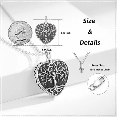 Vista 171 de Collar con colgante de urna de cenizas de cremación y árbol de la vida para mujer, plata de ley US1