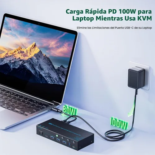 Vista 11 de 2 monitores 4 computadoras KVM Switch portátil y escritorio 4 puertos híbrido USB-C docking y doble Displayport y DP HDMI y Dual HDMI 4K@60Hz KVM