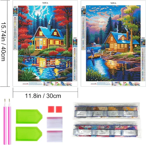 Vista 2 de YOYA Paquete de 2 Kits de Pintura de Diamantes de Cabaña de Troncos para Adultos, Kits de Arte de Diamantes 5D de Cabaña del Lago para Adultos, Kit
