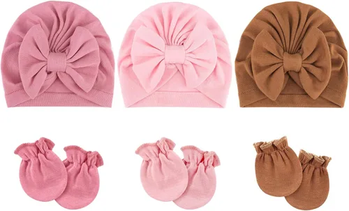 Vista 15 de BQUBO Gorros para Niñas Recién Nacidas Conjunto de Gorro y Manoplas para Bebé Gorros para Infantes con Moño Gorro de Hospital con Manoplas