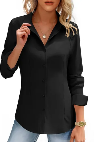 Vista 18 de HOTOUCH Camisas de mujer con botones de manga larga, camisa de vestir ajustada, blusas de trabajo, cuello, elegantes, casuales, de negocios