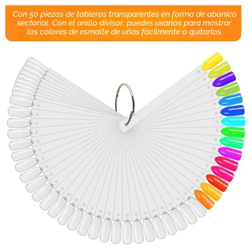 Vista 3 de 50 barras de muestra de uñas con anillo y puntas numeradas, pantalla transparente en forma de abanico para práctica de esmalte de uñas