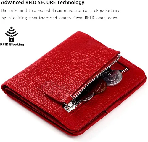 Vista 3 de Funtor Cartera de cuero para mujer, pequeña y compacta, con bolsillo doble, bloqueo RFID, para mujer