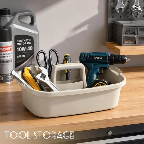Vista 5 de Organizador de suministros de limpieza grande portátil con asa, cubo de plástico, almacenamiento de herramientas para baño, dormitorio, cocina