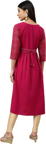 Vista 7 de Janasya Día de la Mujer Vino Poli Crepe Foil Print Flare Kurta