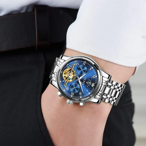 Vista 3 de OLEVS Relojes de cuerda automática para hombre, reloj de pulsera mecánico con diseño de esqueleto Tourbillon, relojes automáticos de acero