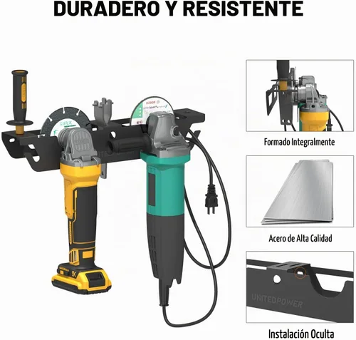 Vista 2 de UNITEDPOWER Soporte de amoladora angular - Estante de almacenamiento/soporte de 4 bahías con colgador de cable, soporte de montaje en pared