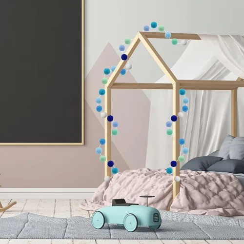 Vista 5 de 3 guirnaldas de pompones azules de 6.5 pies de largo con 30 bolas para decoración del hogar y fiesta