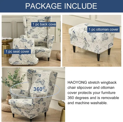 Vista 3 de HAOYONG Juego de Fundas Elásticas para Silla con Alas y Otomana, 2 Piezas de Funda para Silla Wingback y 1 Pieza de Funda Rectangular para Taburete