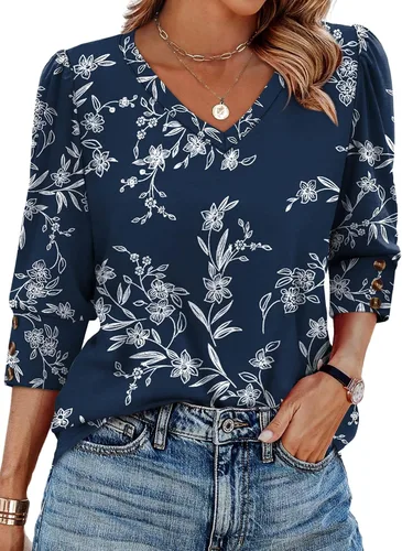 Vista 21 de XIEERDUO - Blusas de manga 3/4 para mujer, cuello en V, con botones, estilo A-blanco