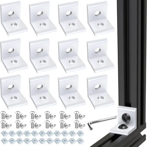 Vista 8 de Juego de 20 conectores de perfil de extrusión de aluminio de la serie 2020, 20 soportes de esquina, con 40 tuercas en T y tornillo hexagonal M5×8