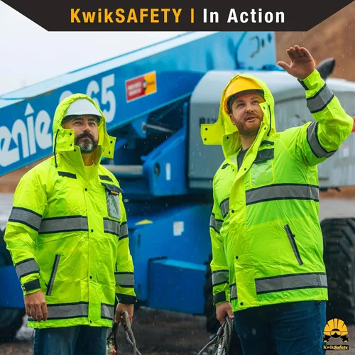 Vista 2 de KwikSafety - Charlotte, NC - Chaqueta de lluvia TORRENT y gabardina ANSI OSHA clase 3 de alta visibilidad, equipo de lluvia Hi Vis