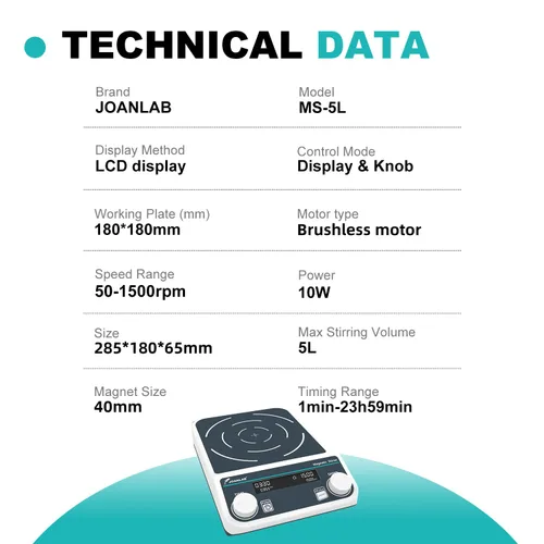 Vista 2 de JOANLAB Placa de agitador magnético digital grande 5L de laboratorio con alta capacidad, mezclador de placa magnética 50-1500rpm con temporizador