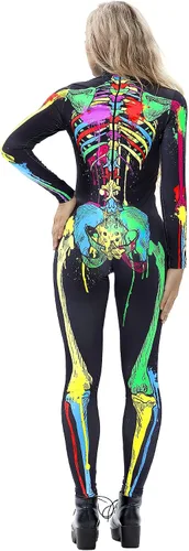 Vista 2 de URVIP Disfraz de esqueleto para Halloween, ajustado, traje de una sola pieza estilo enterizo para mujer