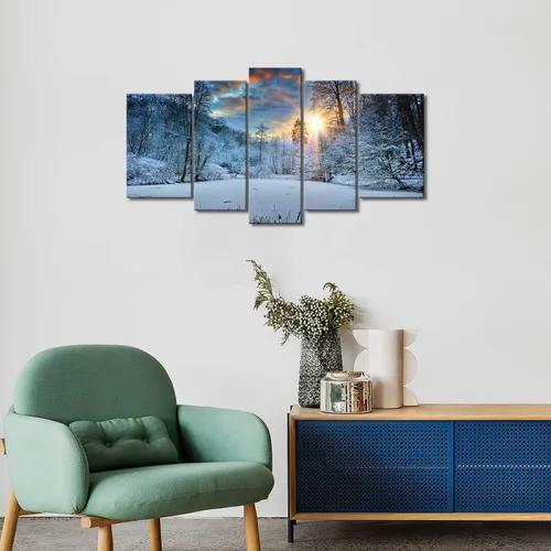 Vista 7 de Arte de pared de invierno, campo de nieve, lienzo moderno, pintura en lienzo de invierno, nieve, bosque, árbol, amanecer, puesta de sol, paisaje