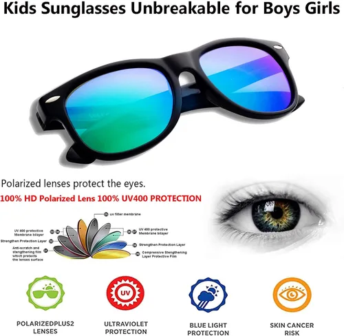 Vista 3 de Lentes de sol para niños y niñas, lentes de sol irrompibles para niños pequeños, protección UV, lentes de sol polarizados para niños de 3 a 10 años