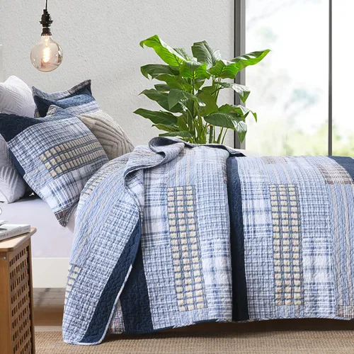Vista 3 de PANGUSHAN - Juego de edredón tamaño Queen, 100% algodón, juego de ropa de cama, colcha reversible ligera de estilo granja con diseño de retazos Azul