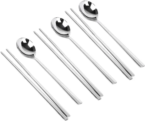 Vista 8 de Juego de palillos y cucharas de metal coreano, cubiertos reutilizables de acero inoxidable, palillos y cucharas de mango largo, juego de 3