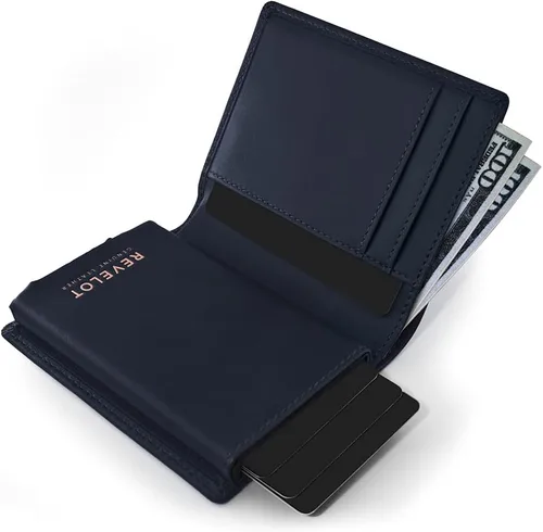 Vista 3 de Revelot Cartera tarjetero, piel auténtica con bloqueo RFIDW1, Napa Azul , Moderno