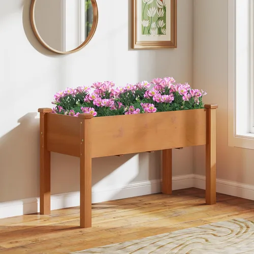 Vista 9 de HAPPYGRILL - Cama de jardín elevada, caja de jardín de madera para exteriores con patas, agujeros de drenaje, tela de revestimiento de jardín negra