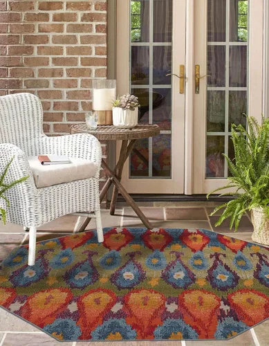 Vista 4 de Unique Loom Outdoor Modern Collection - Alfombra de área Ikat (4 pies 1 pulgada octágono multi/borgoña)