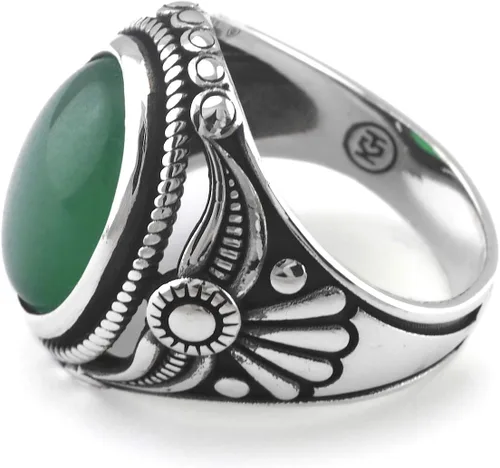Vista 2 de Signet - Anillo para hombre hecho a mano de plata de ley 925K con piedra de jade verde