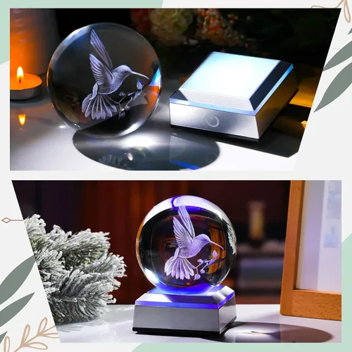 Vista 3 de Bola de cristal 3D grabada con colibrí en 3D con base LED colorida, esfera de vidrio de 8 cm, ideas para decoración del hogar y regalos para amigos