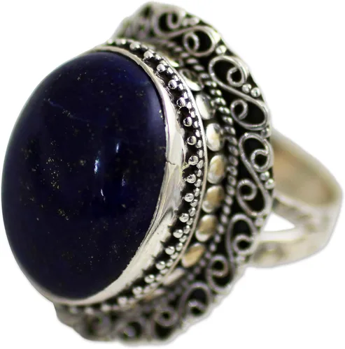 Vista 6 de NOVICA Anillo de cóctel hecho a mano de plata de ley 925 lapislázuli con piedra natal azul de la India 'Swirling Sky
